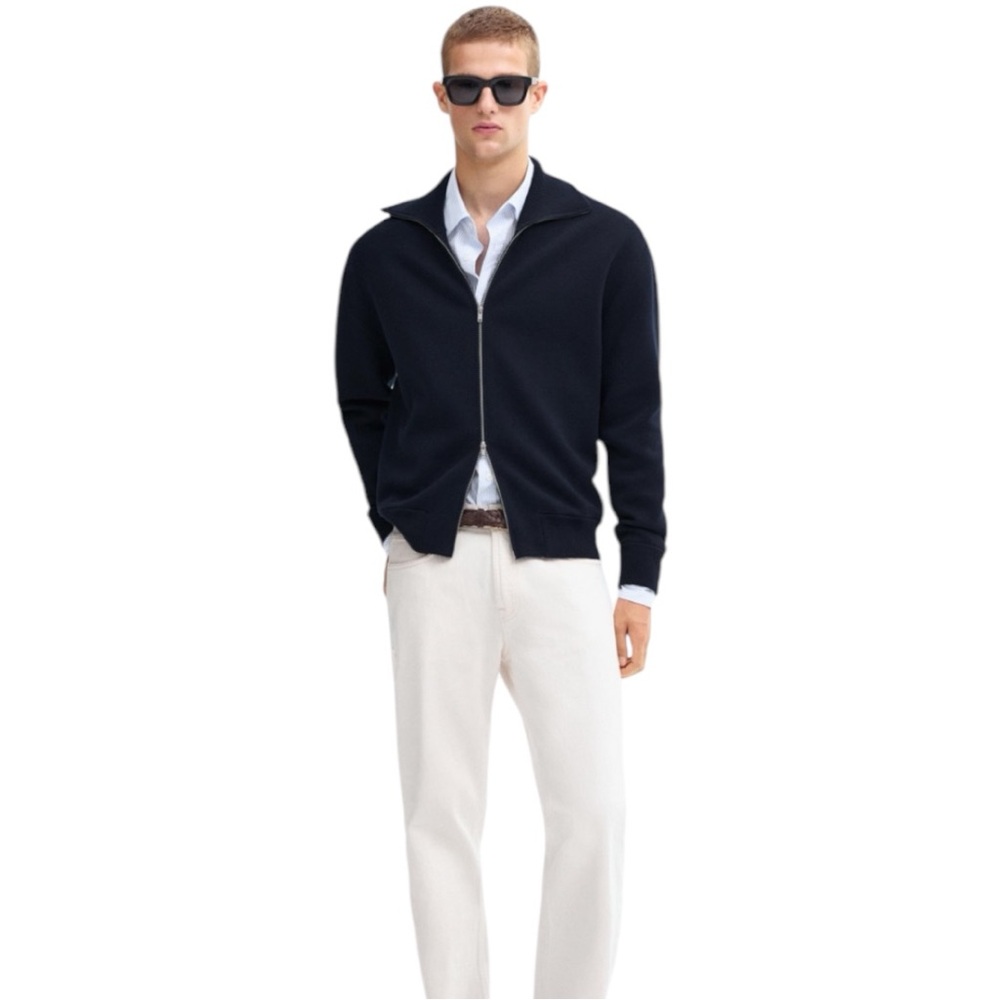 Navy Blue Massimo Dutti Textured Zip Up Sweater (S)